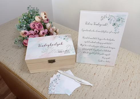 Esküvői vendégkártya csomag - fadobozos szett pasztel